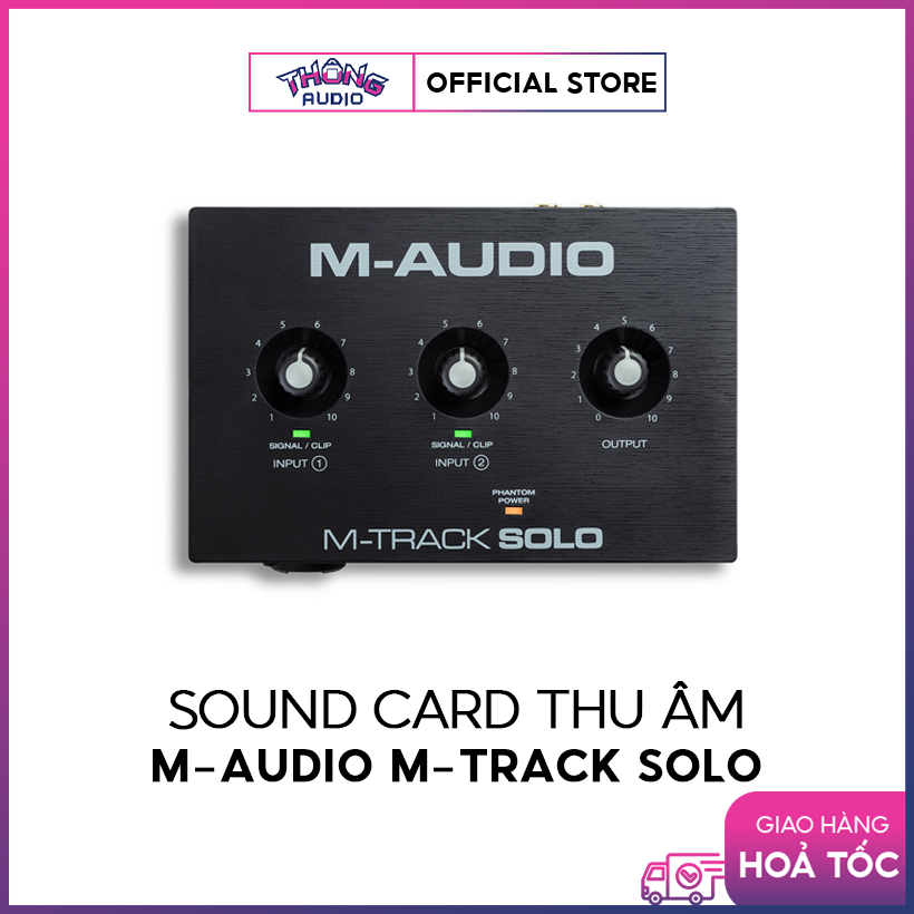 Soundcard thu âm M-Audio M-Track Solo có 1 cổng vào XLR, 1 đầu vào instrument 1/4-inch và 1 đầu ra headphone