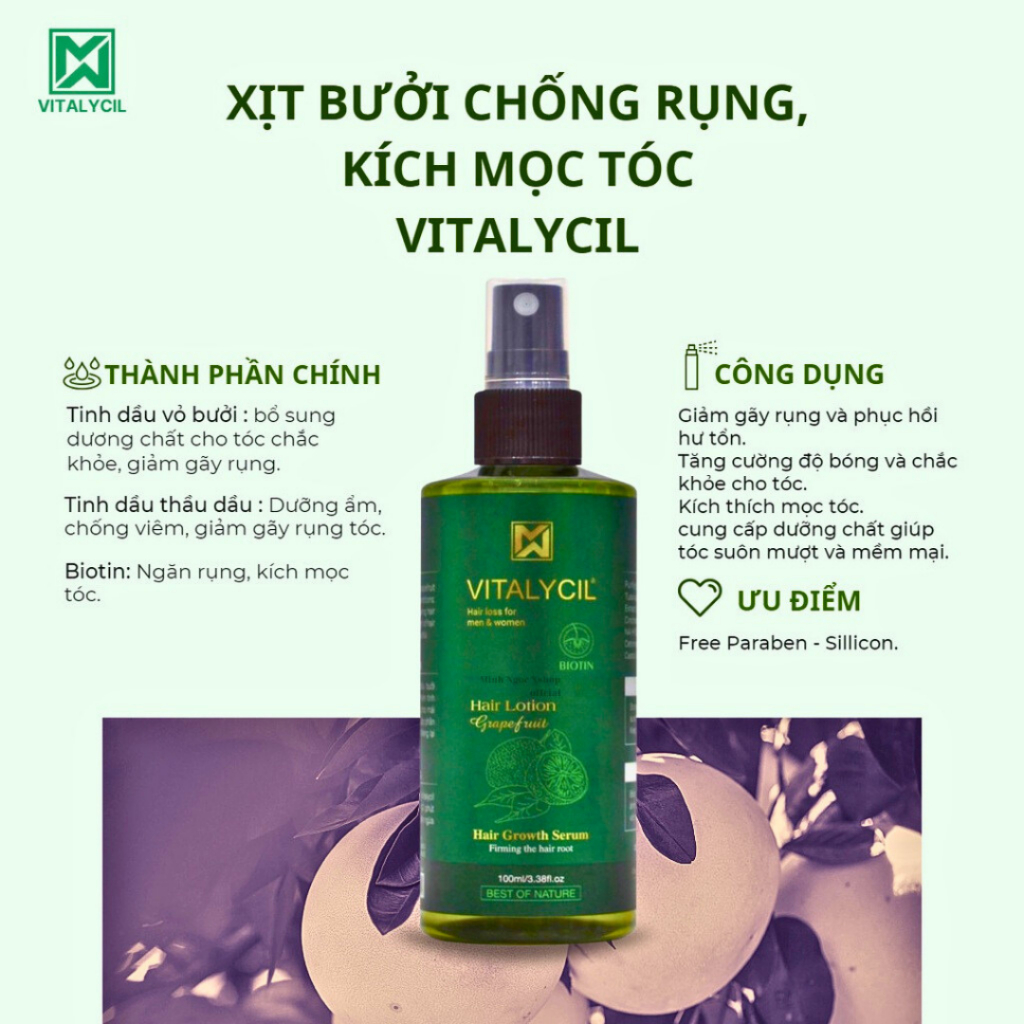 Dầu gội xả + xịt bưởi chống rụng kích mọc tóc VITALYCIL tóc chắc khỏe hết gãy rụng 470ml