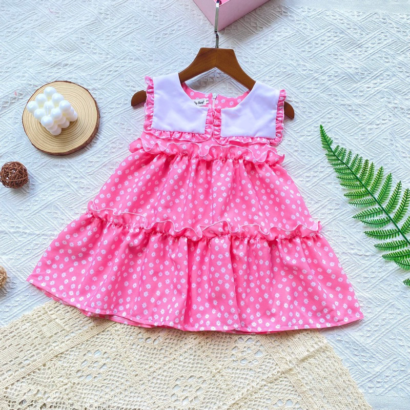 Đầm tầng hoa nhí cổ tròn sát nách HANDYKIDS