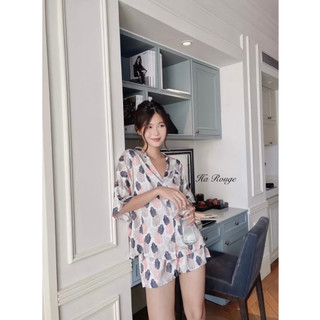 Bộ ngủ lụa lá cam xanh quần ngắn ha rouge