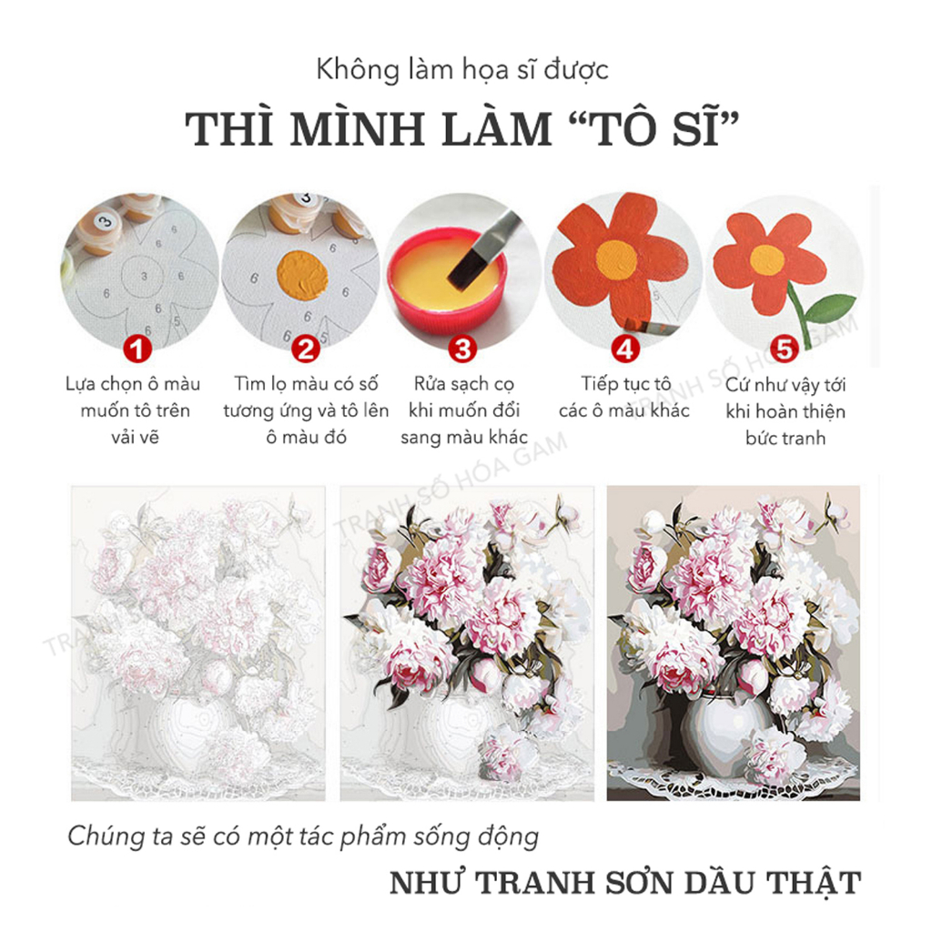 Tranh số hoá tự tô màu theo số COCI hoa mẫu đơn đỏ trong đêm TC4014 có khung