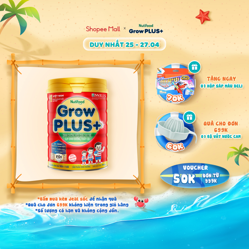 Sữa Bột Nutifood GrowPLUS+ Suy Dinh Dưỡng 900g - Trên 1 Tuổi - Tăng Cân, Tăng Chiều Cao (Lon 900g)