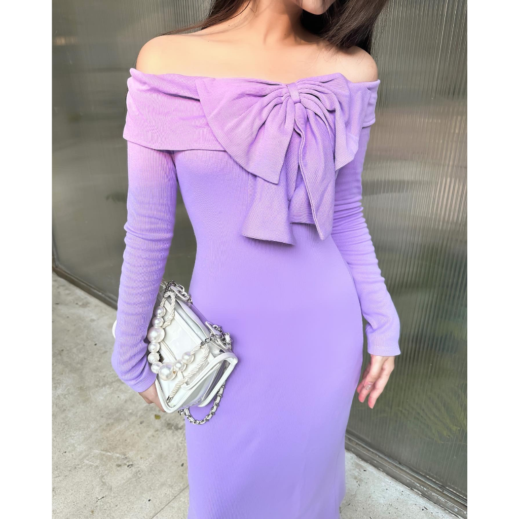 DII COLLECTION - Đầm thiết kế midi nơ trễ vai tiểu thư cao cấp