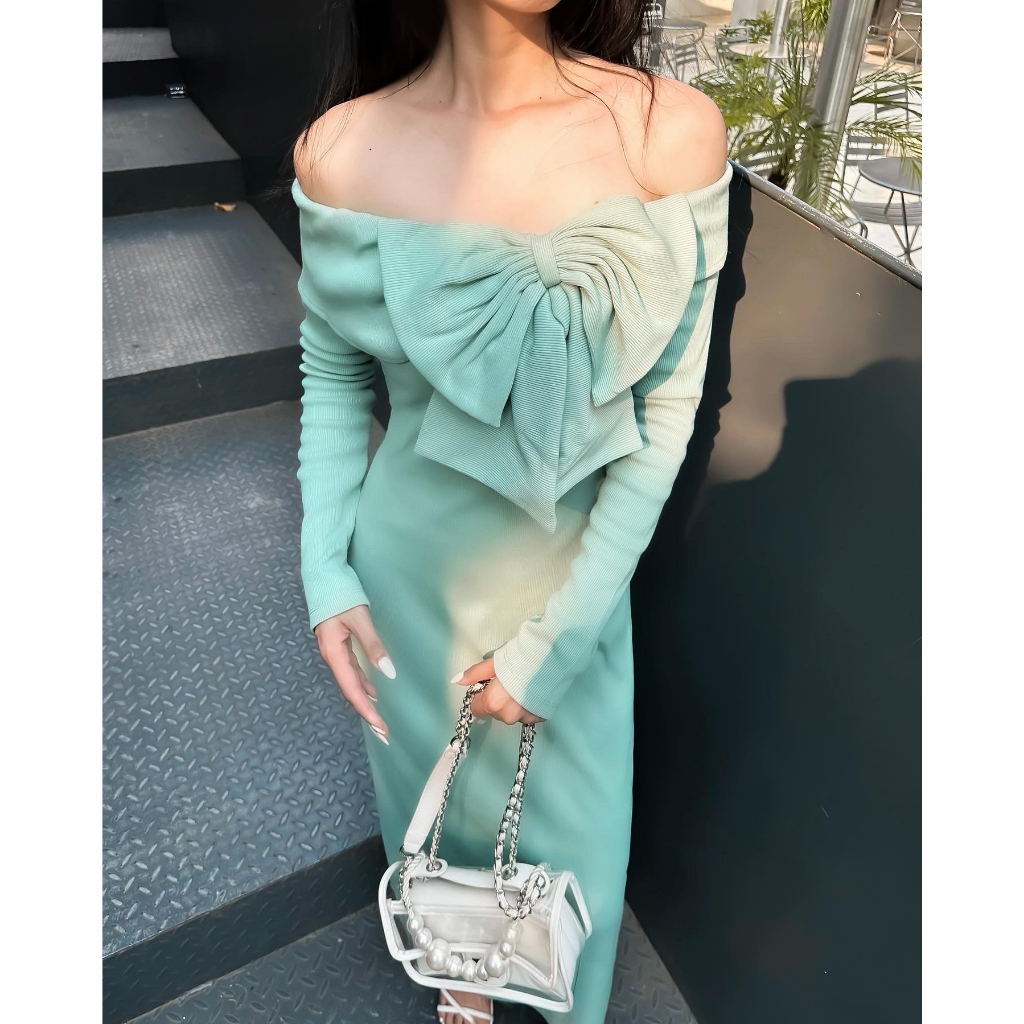 DII COLLECTION - Đầm thiết kế midi nơ trễ vai tiểu thư cao cấp