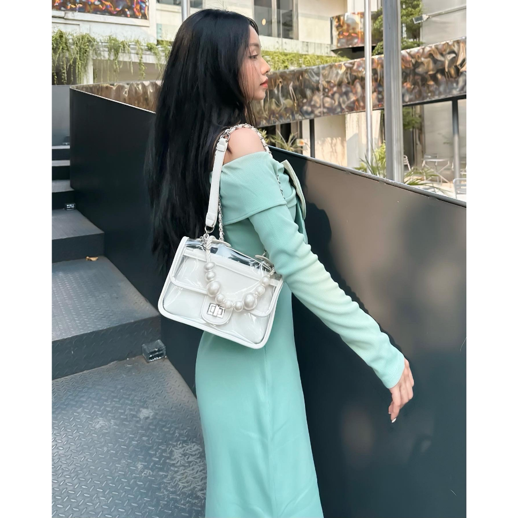 DII COLLECTION - Đầm thiết kế midi nơ trễ vai tiểu thư cao cấp