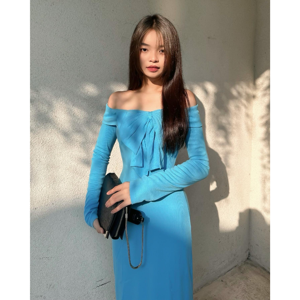 DII COLLECTION - Đầm thiết kế midi nơ trễ vai tiểu thư cao cấp