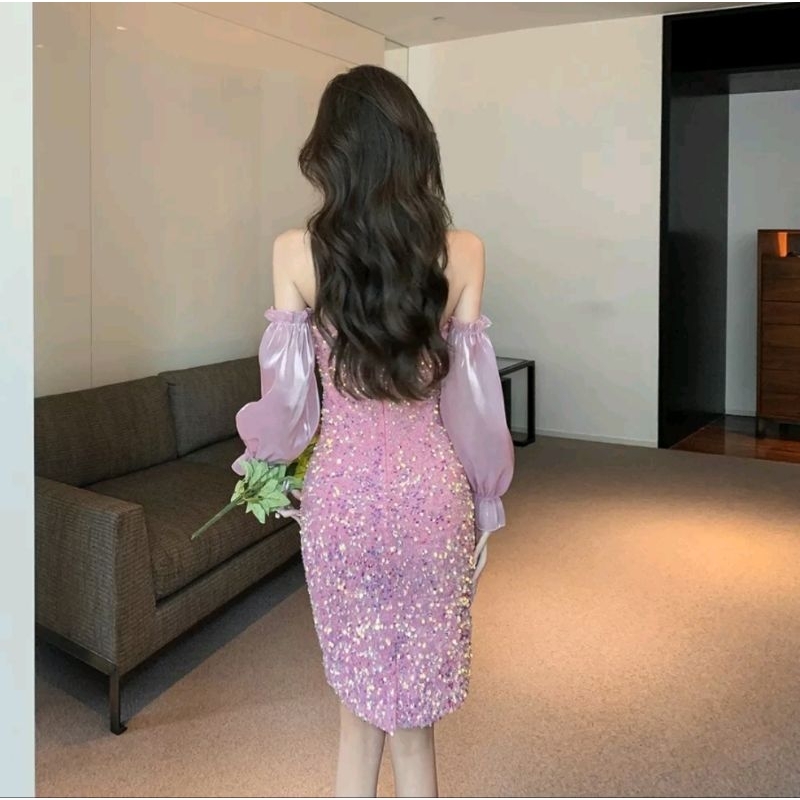Đầm tiểu thư tay phồng phối nơ ngực, trễ vai, đính Sequins