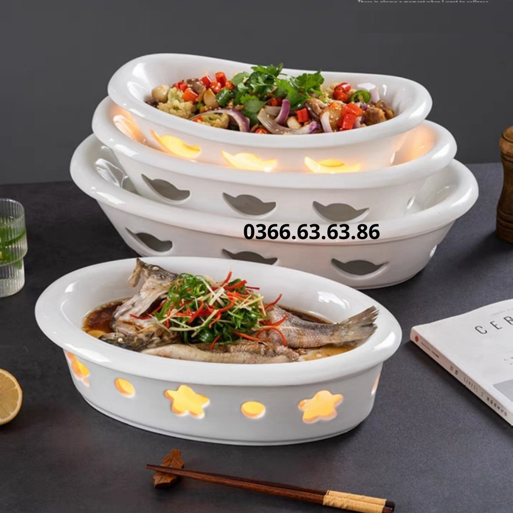Đĩa sứ hâm nóng thức ăn bằng nến, chất liệu sứ trắng cao cấp, kích thước 35cm, 40cm, 45cm