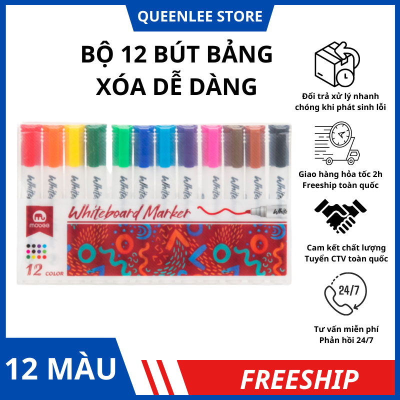 Bộ 12 Bút Lông Màu Viết Bảng Trắng Xóa Được Dễ Dàng QueenLee Store