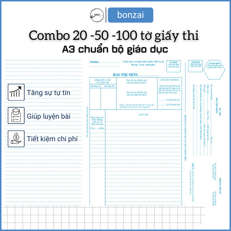 Combo Giấy Thi Đại Học, Giấy Thi Chuẩn Bộ Giáo Dục Khổ A3 Dùng Viết Luyện Thi.