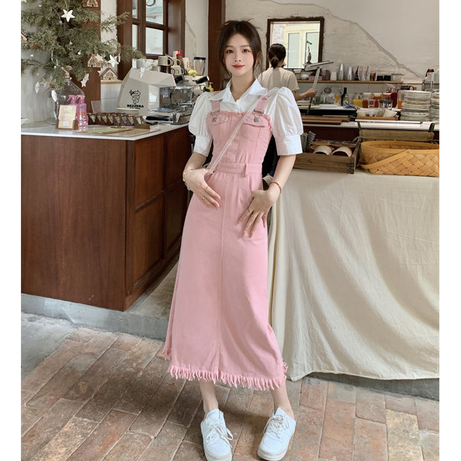 Sẵn ngắn - Yếm đầm denim dáng dài tua rua màu hồng nâu váy yếm maxi dáng basic phong cách tiểu thư cho nữ