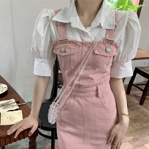 Sẵn ngắn - Yếm đầm denim dáng dài tua rua màu hồng nâu váy yếm maxi dáng basic phong cách tiểu thư cho nữ