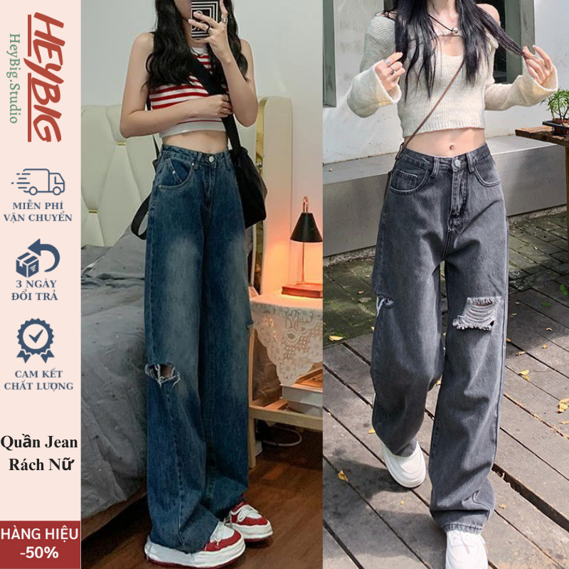 Quần jean nữ đen xám rách gối CẠP CAO HeyBig, quần bò jeans rách gối nữ phom rộng phong cách Ulzzang 2023