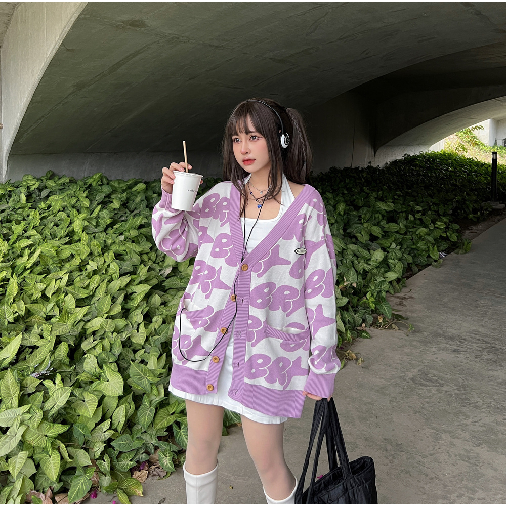 Áo Khoác Len Unisex Bad Rabbit PURPLE CARTOON CARDIGAN - Local Brand Chính Hãng