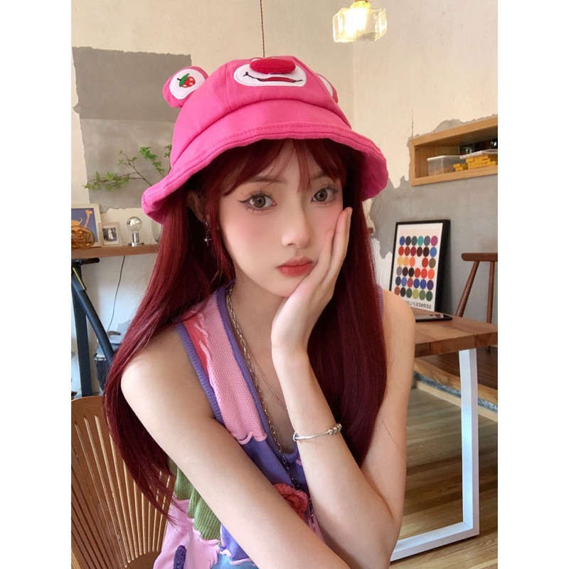 Nón Tai Bèo Che Nắng Họa Tiết Gấu Và Dâu Tây Dễ Thương Cho Nữ Sinh