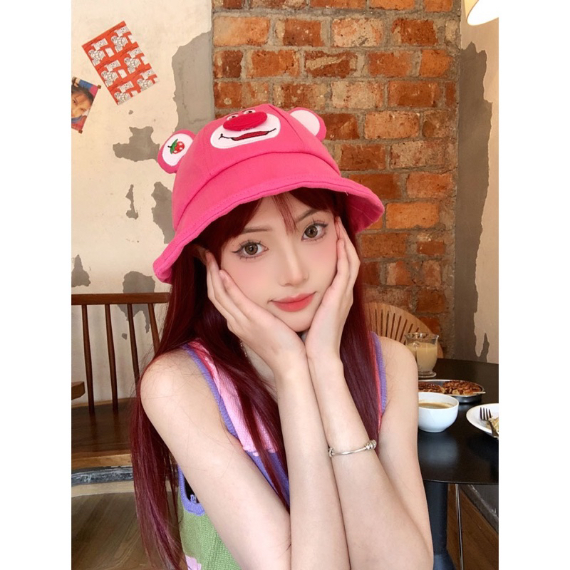 Nón Tai Bèo Che Nắng Họa Tiết Gấu Và Dâu Tây Dễ Thương Cho Nữ Sinh