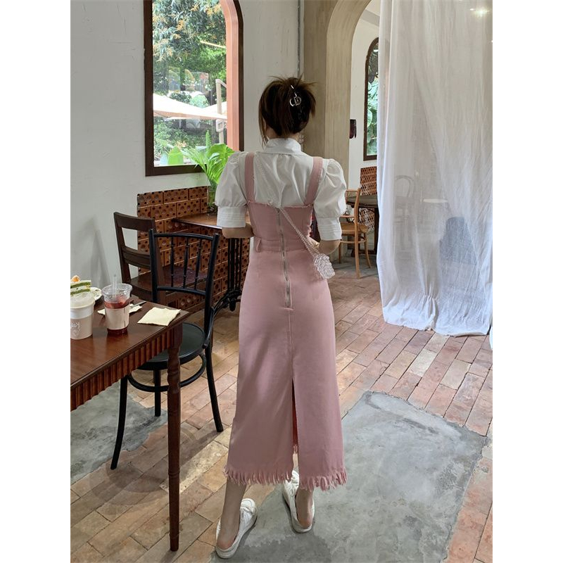 Sẵn ngắn - Yếm đầm denim dáng dài tua rua màu hồng nâu váy yếm maxi dáng basic phong cách tiểu thư cho nữ