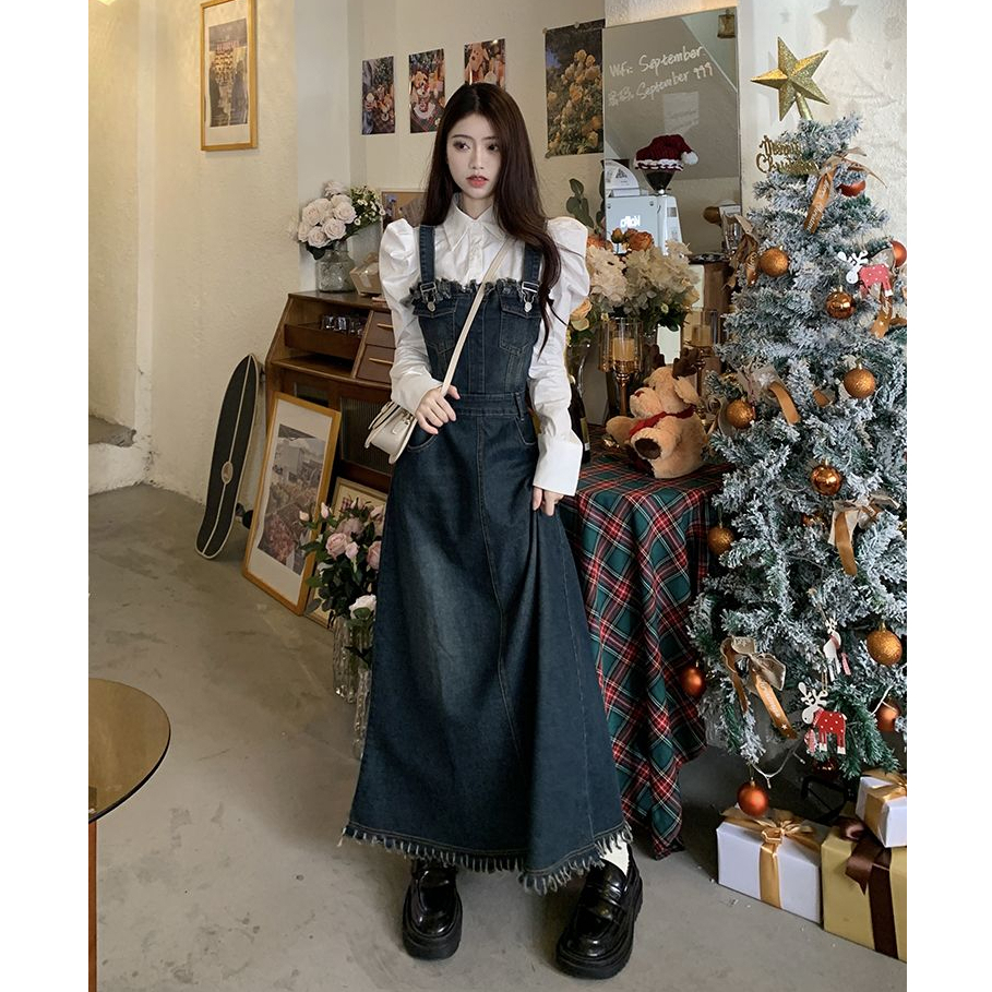 Có sẵn - Set Váy Yếm Jean Dáng Dài Đầm Yếm Jean Maxi phong cách Hàn Quốc Thời Trang Nữ
