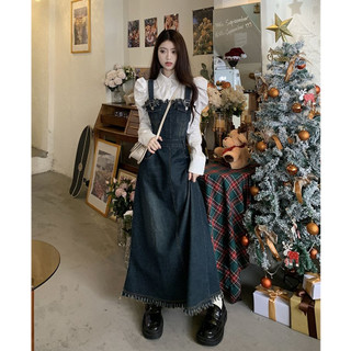 Có sẵn - set váy yếm jean dáng dài đầm yếm jean maxi phong cách hàn quốc thời trang nữ