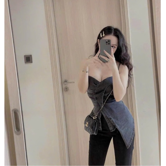 Bigsize Áo jeans cúp ngực tà chéo bo chun lưng 55-95kg