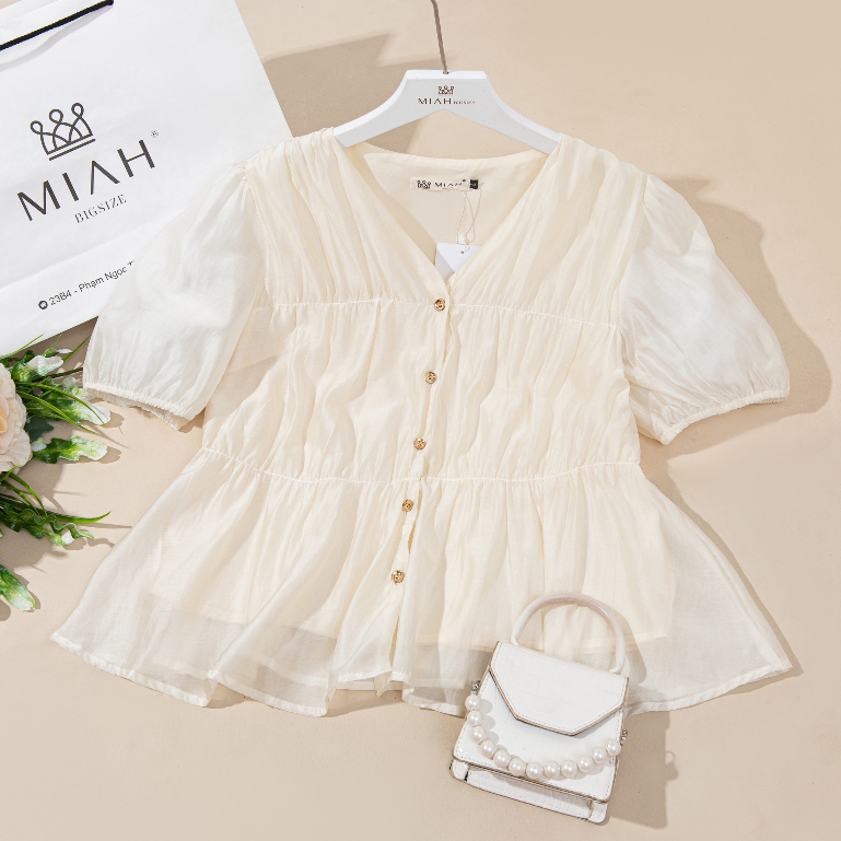 Áo kiểu bigsize Emily nữ tay bo chun chất voan lụa cực mát thiết kế tiểu thư bánh bèo nhiều màu che MIAH Bigsize AOK0004