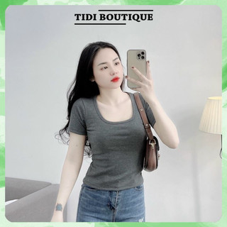 Áo thun nữ tay ngắn cổ vuông màu trơn dáng ôm body chất thun tăm