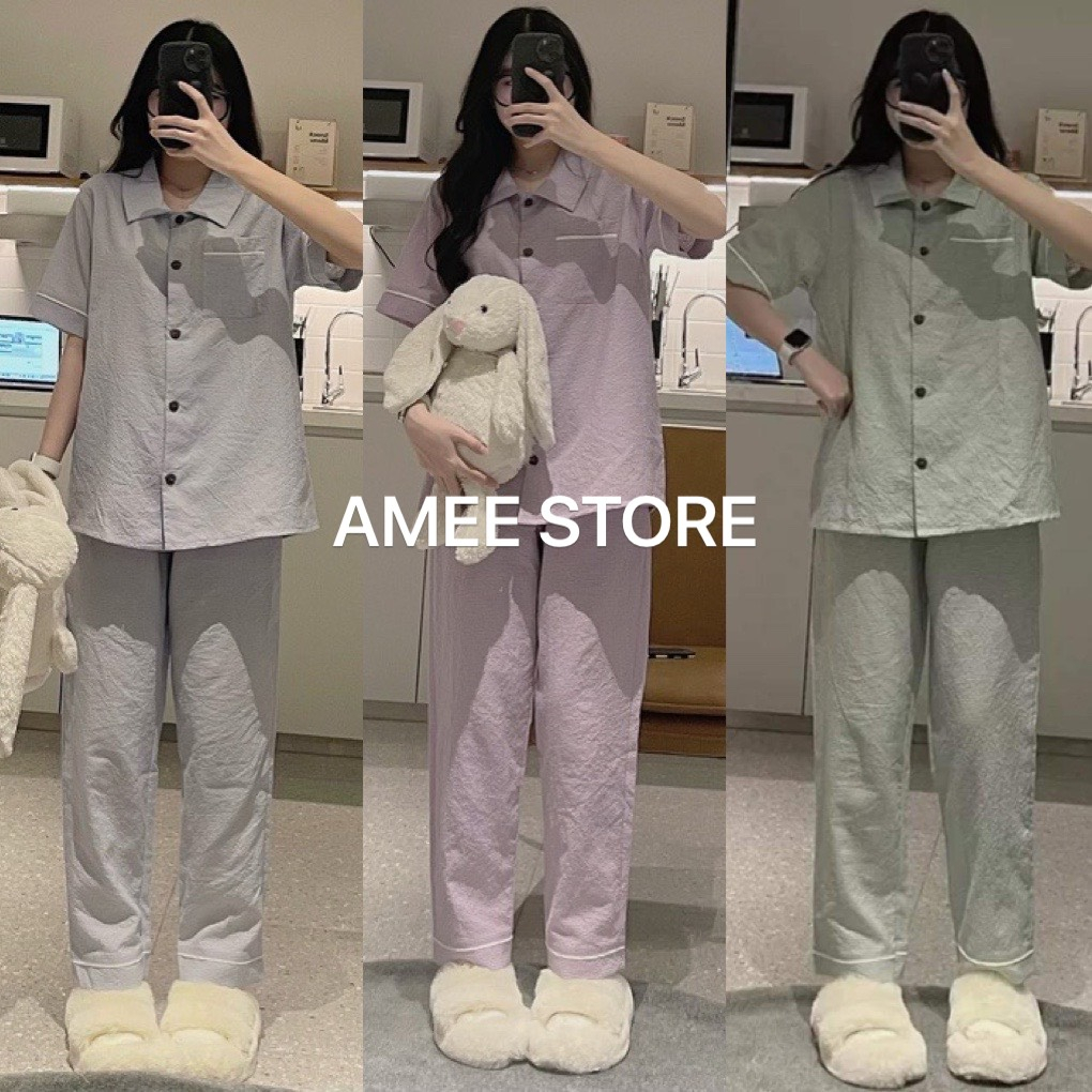 Pijama nữ dài tay đũi xốp🍀 Set Đồ ngủ mặc nhà áo ngắn tay quần dài ống suông form rộng thoải mái màu tím xanh hàn quốc
