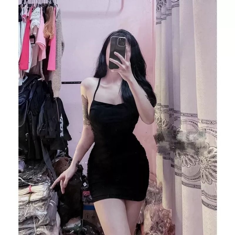 Đầm Hai Dây Cột Hở Lưng Cổ Vuông - Có Mút - Dáng Ngắn Nhún Hai Bên Hông Ôm Body Sexy - Tiểu Thư Bánh Bèo Cute Sang Chảnh
