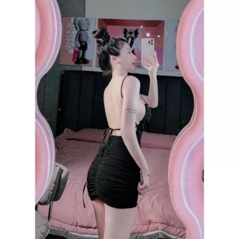 Đầm Hai Dây Cột Hở Lưng Cổ Vuông - Có Mút - Dáng Ngắn Nhún Hai Bên Hông Ôm Body Sexy - Tiểu Thư Bánh Bèo Cute Sang Chảnh
