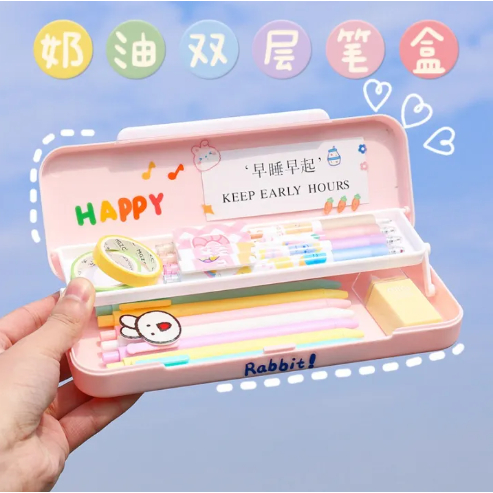 Hộp Nhựa Đụng Bút 2 Tầng Kèm Sticker Dán Cho Bé Sáng Tạo