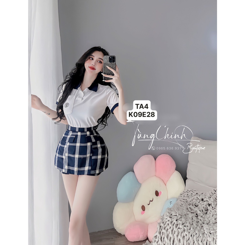 Set áo polo mix chân váy kẻ T4