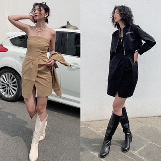 SET VÁY QUÂY KÈM ÁO KHOÁC CROPTOP (Đen / Be) - kèm ảnh thật