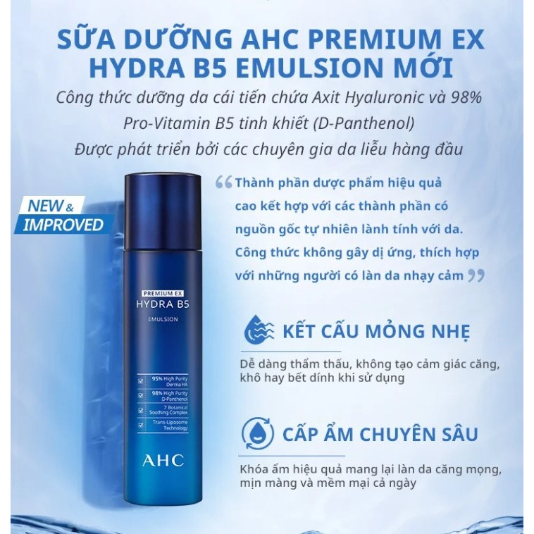 Set toner & sữa dưỡng cấp ẩm dịu nhẹ AHC Premium Ex Hydra B5 20ml/20ml