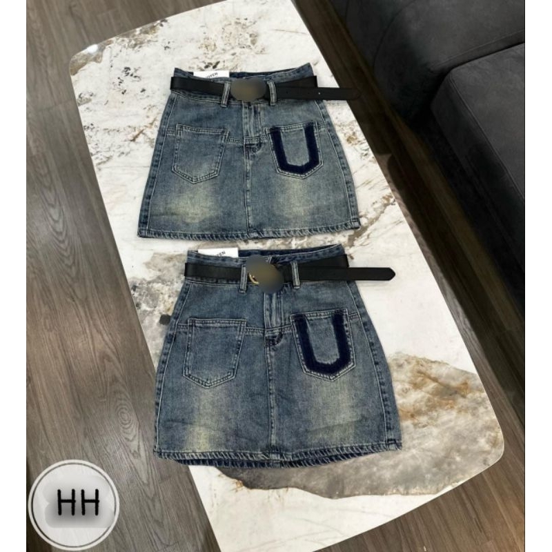 Chân váy jean túi viền đậm kèm đai hàng QCL1