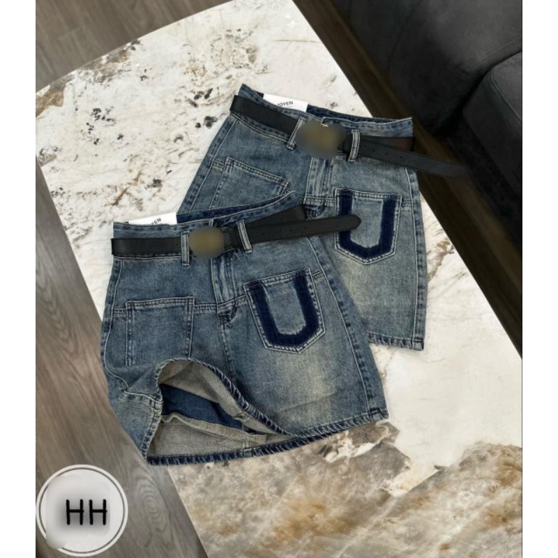 Chân váy jean túi viền đậm kèm đai hàng QCL1