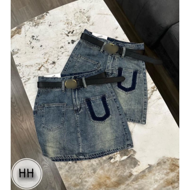 Chân váy jean túi viền đậm kèm đai hàng QCL1