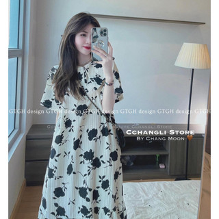 Váy babydoll, Đầm babydoll dáng dài họa tiết hoa hồng, cổ sơ mi thiết kế cánh sen