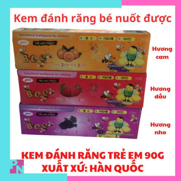 Kem đánh răng cho bé, kem đánh răng trẻ em Bee 90gr, xuất xứ Hàn Quốc có 3 hương dâu cam nho(kem đánh răng bé nuốt được)