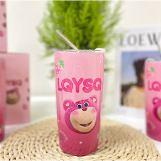 Bình nước giữ nhiệt gấu dâu lotso hồng 600ml kèm ống hút