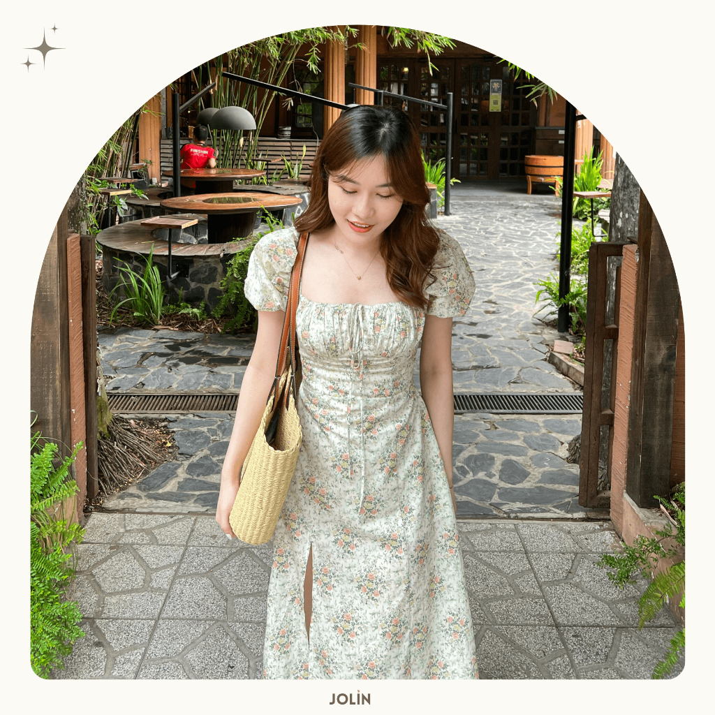 JOLIN | 𝐒𝐀𝐑𝐀𝐇 𝐃𝐑𝐄𝐒𝐒 - Đầm hoa dài xẻ tà cúp ngực tay phồng màu xanh lá nhẹ nhàng