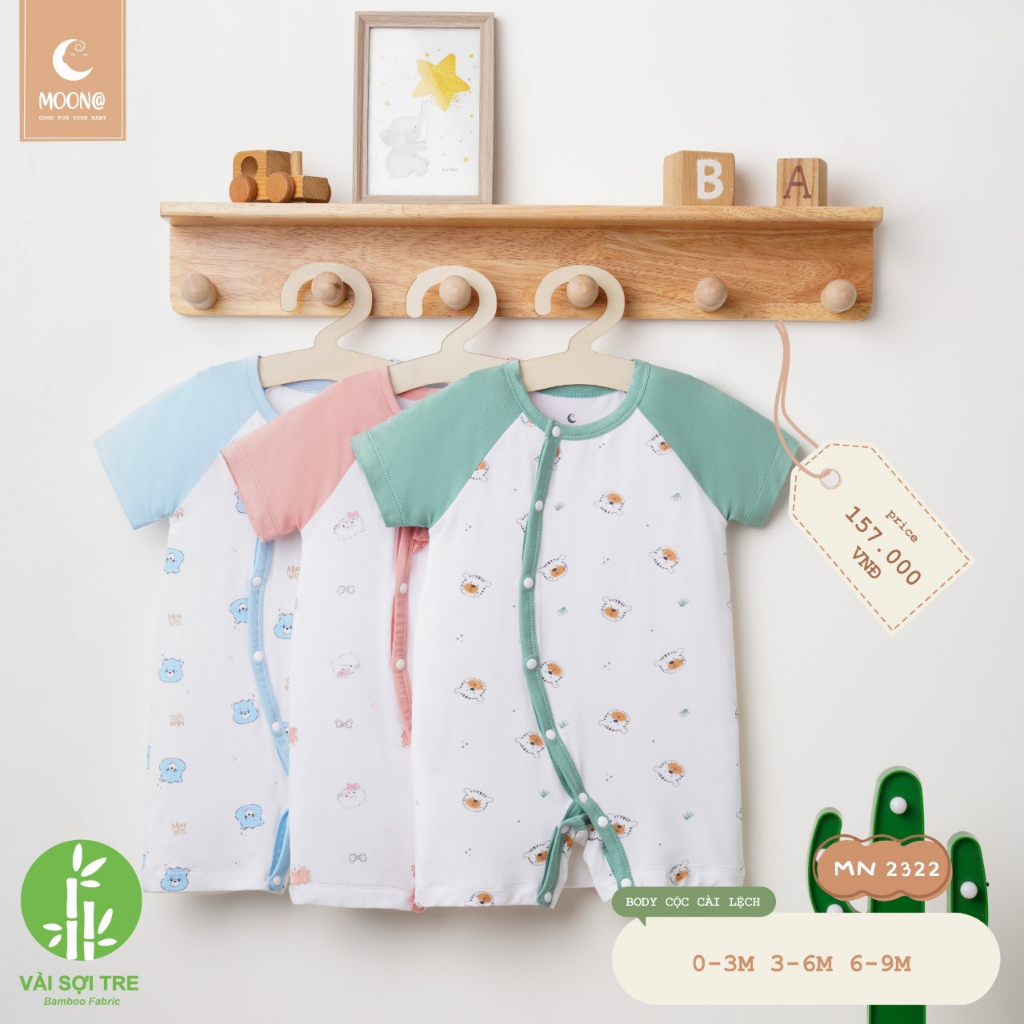 Body cộc tay bé trai bé gái hãng Moon chất sợi tre thoáng mát cho bé từ 0 đến 9 tháng