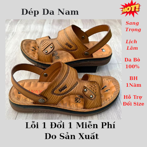 Dép Da Nam Trung Niên Cao Cấp Đế Đúc Nguyên Khối Đế Mát Xa Chân Êm Mềm