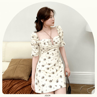 JOLIN ✿ | JANE DRESS - Váy tone kem nâu tây xếp ly ngực tay lửng họa tiết hoa hồng sang trọng