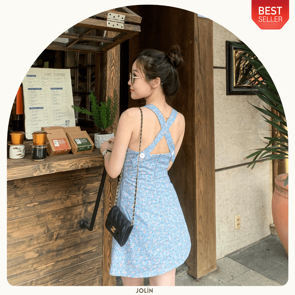 JOLIN | 𝐌𝐄𝐑𝐘 𝐃𝐑𝐄𝐒𝐒 - Đầm ngắn 2 dây chéo lưng hoa nhí dáng xòe nhẹ 2 màu