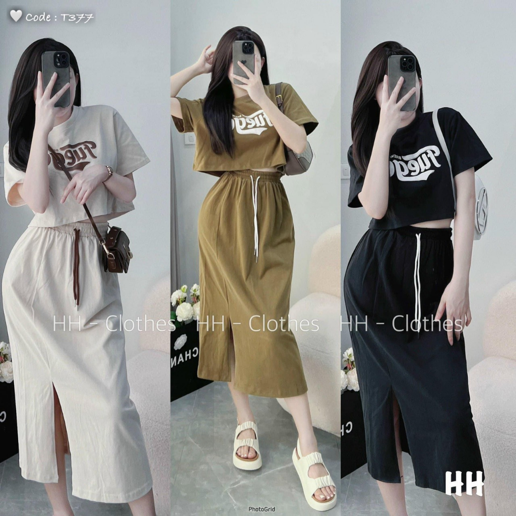 Sét bộ áo croptop tay ngắn form rộng in chữ Fuego phối chân váy dài xẻ tà cực hot , chất thun coton dày dặn