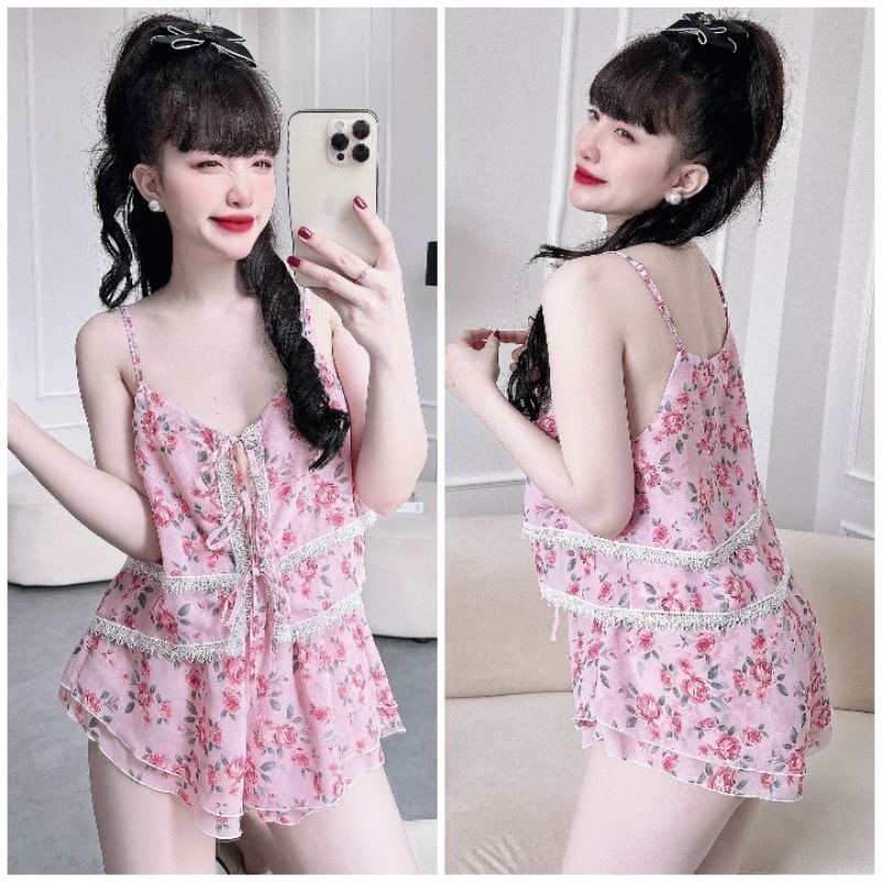 Đồ ngủ gợi cảm pyjama 2 dây quần đùi xinh xắn Lụa mềm mặc mát