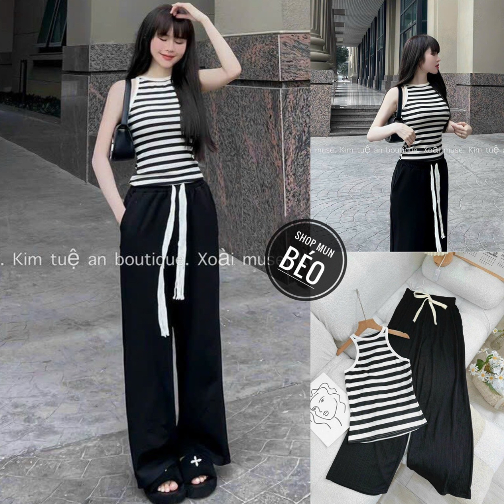 Set áo sát nách sọc ngang kèm quần dài ống rộng chất thun gân co giãn thích hợp mặc đi dạo đi chơi ở nhà