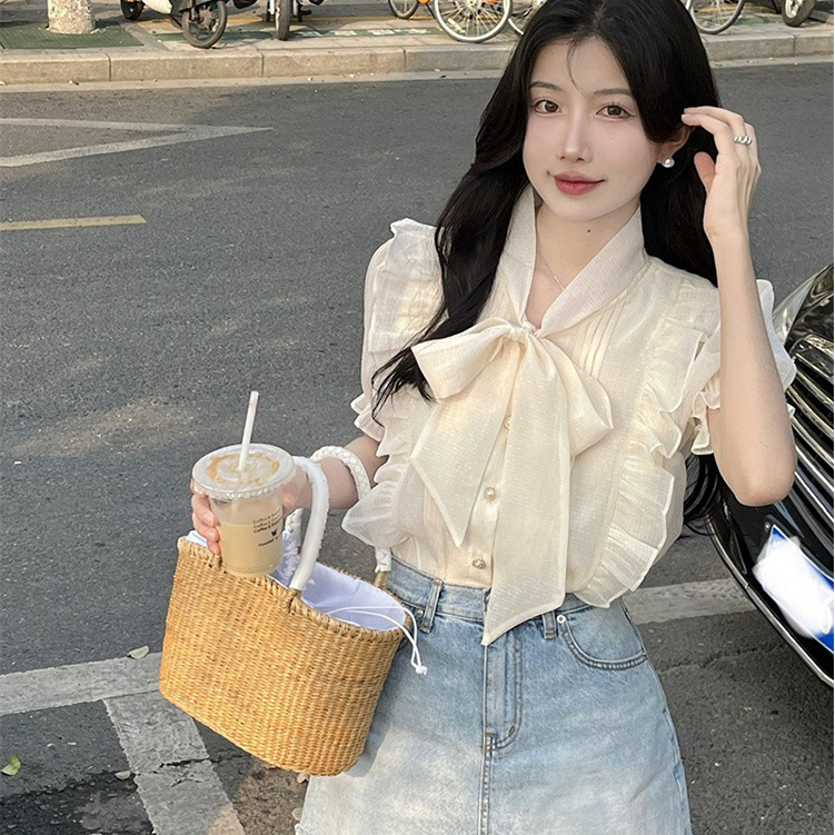 Áo sơ mi nữ tay ngắn phồng nơ cổ nữ tính, sơ mi nữ chất voan tay ngắn phồng thiết kế phong cách hàn quốc 7628