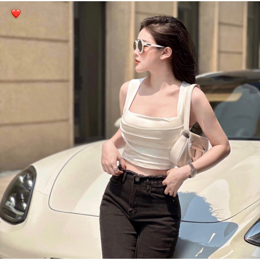 Áo kiểu 3 lỗ croptop cổ vuông nhăn trước ôm body cực hot cho mùa hè , chất thun bozip dày dặn