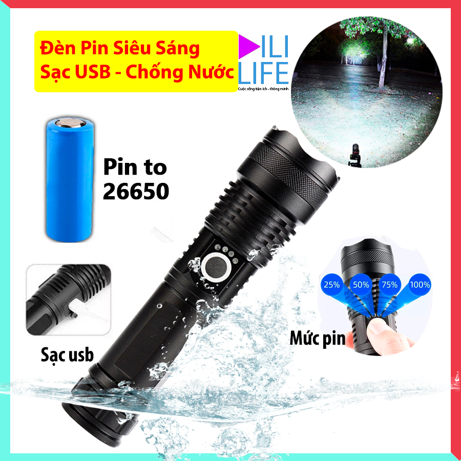 Đèn Pin Siêu Sáng XHP50 DiLi Life Bản Cao Cấp Cầm Tay, Sạc USB Tích Điện Sử Dụng Tới 6h, Chiếu Xa 500m Và Chống Nước.